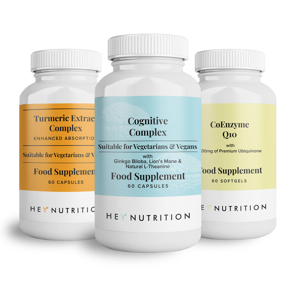 Three Hey Nutrition supplement bottles—Turmeric Extract Complex, Cognitive Complex, and CoEnzyme Q10—lined up side-by-side on a white background.