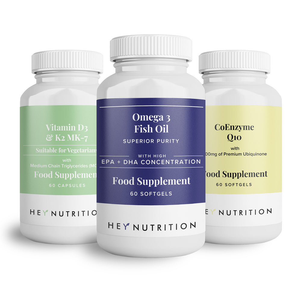 Front-facing shot of Hey Nutrition’s Omega 3 Fish Oil, Vitamin D3 & K2 MK-7, and CoEnzyme Q10 supplements displayed on a clean white background.