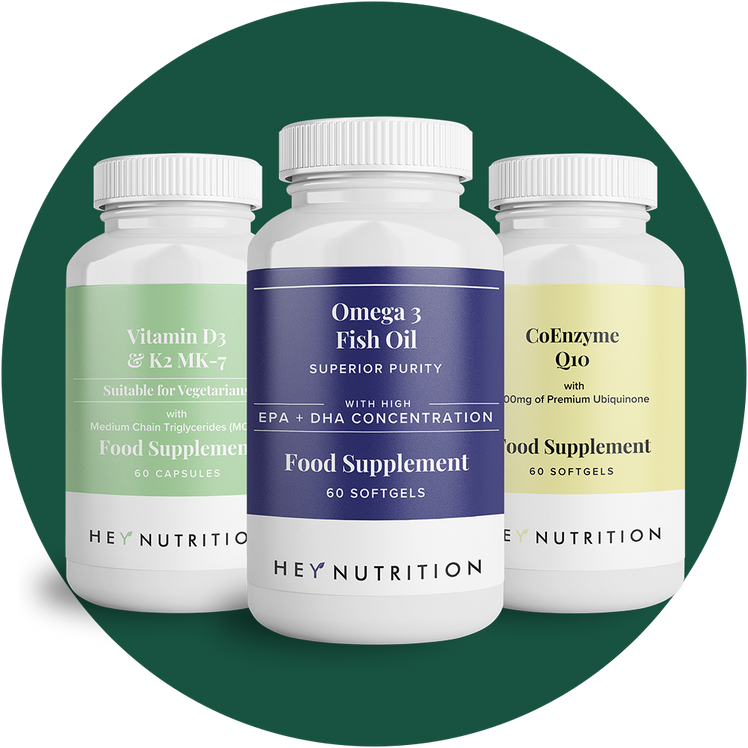 Three Hey Nutrition supplement bottles: Vitamin D3 & K2 MK-7, Omega 3 Fish Oil, and CoEnzyme Q10, arranged against a dark green background with the Omega 3 bottle prominently centered.